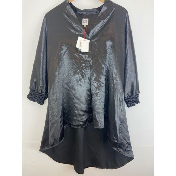 Anne Klein- Black Silk 3/4 Sleeve Collared Blouse - Picture 7 of 7